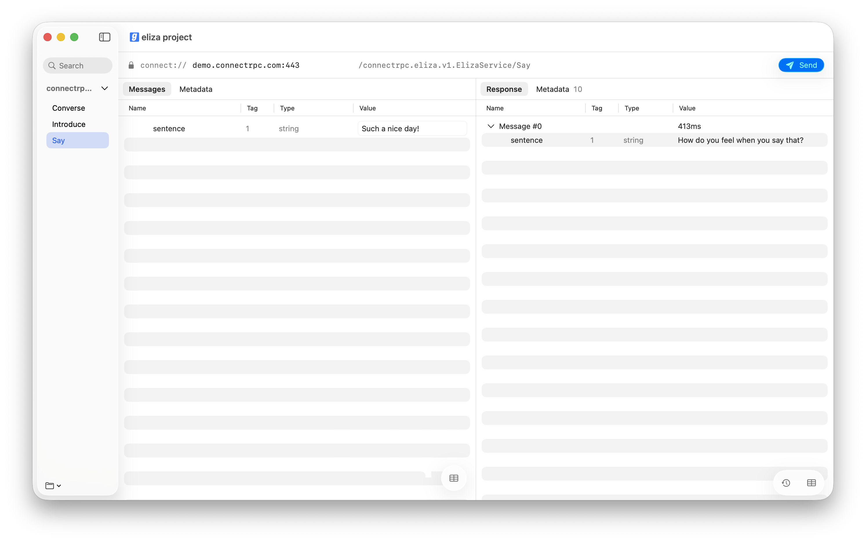 greatRPC showing a Connect request and response in a native macOS workspace.